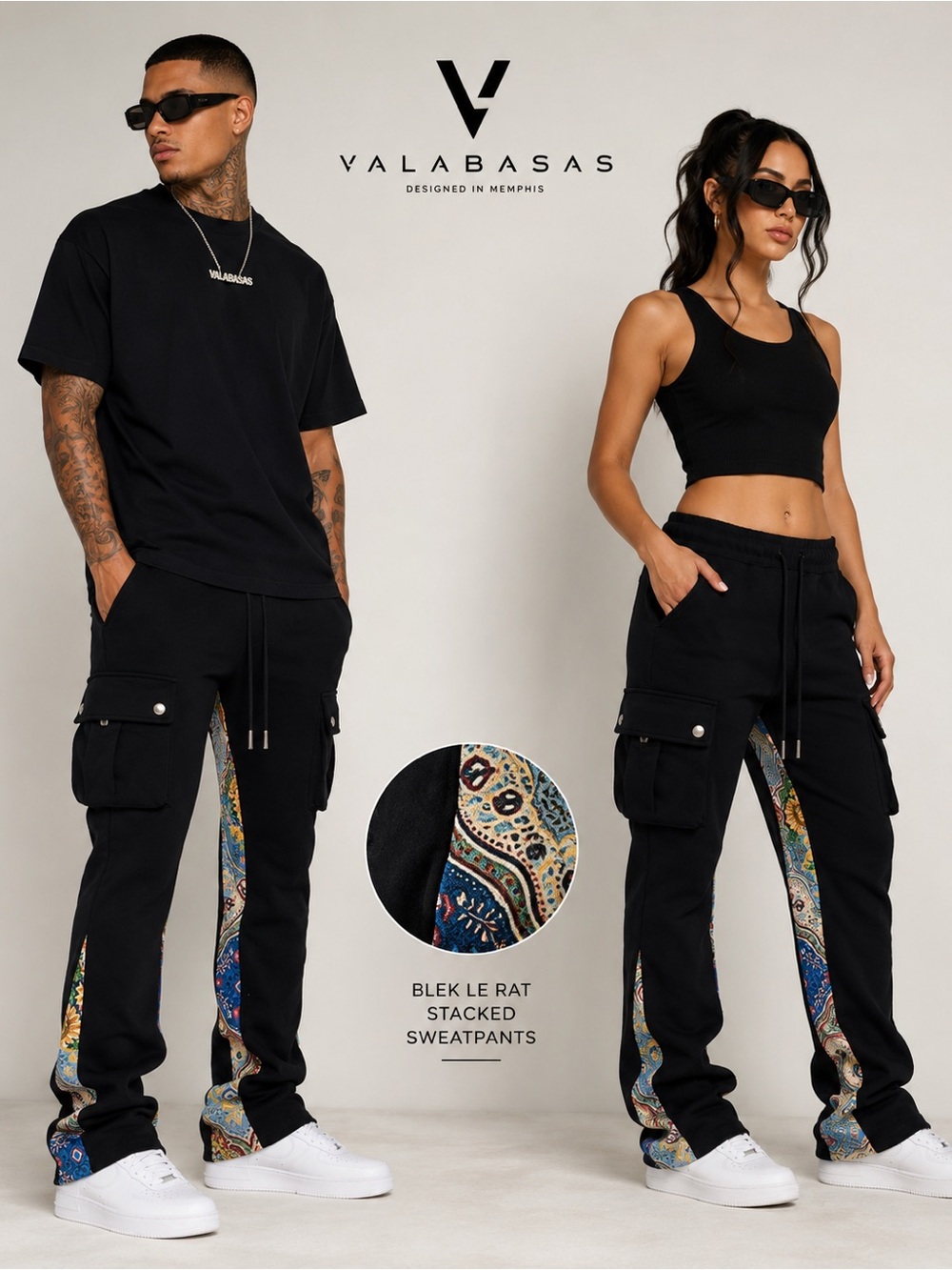 Valabasas Blek LE Rat Stacked Cargo Sweatpants XL Black Paisley Tapestry U